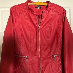 Red Faux Leather Jacket by Aflani Size Medium w/ silver zippers-great condition